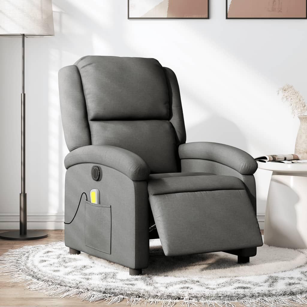 Massagesessel elektrisch Dunkelgrau Stoff mit 6-Punkt-Vibrationsmassage, Verstellbare Rückenlehne und Fußstütze, Polsterstuhl mit Holz Metall Gestell