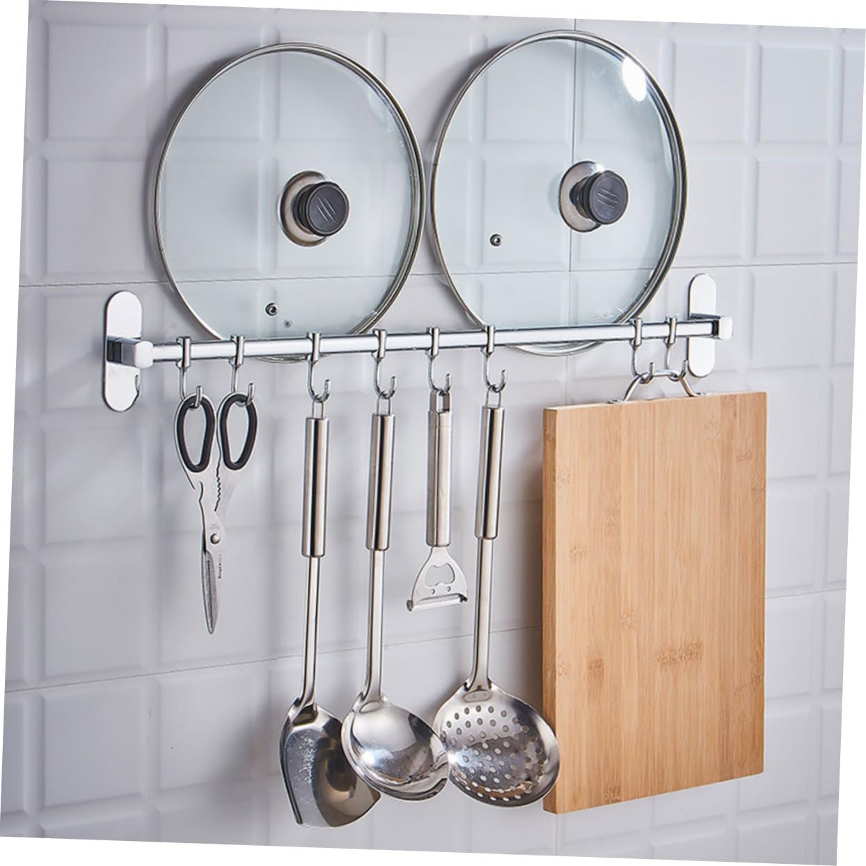 PRETYZOOM Stainless Steel Wall-Mounted Kitchen Storage Rack Hooks Multi-Functional Cutter Organizer No Drill Required Space Saving Hanger for Home and Kitchen