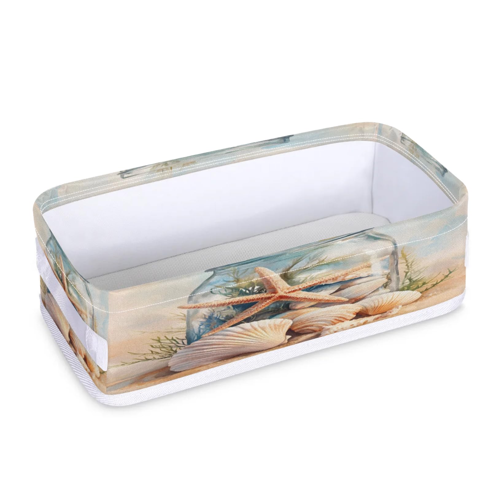 Tablerazzi Toilet Tank Topper Paper Basket with Handle, Starfish Beach Sand Summer Seashell Bathroom Storage Basket for Organizing, Small Fabric Storage Bins for Bathroom Decor