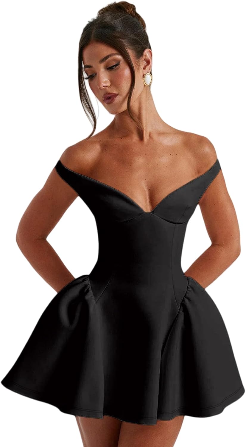 Suillty Women's Elegant V Neck Off Shoulder Homecoming Mini Dresses A-Line Backless Puffy Dress for Party Cocktail - Image 2