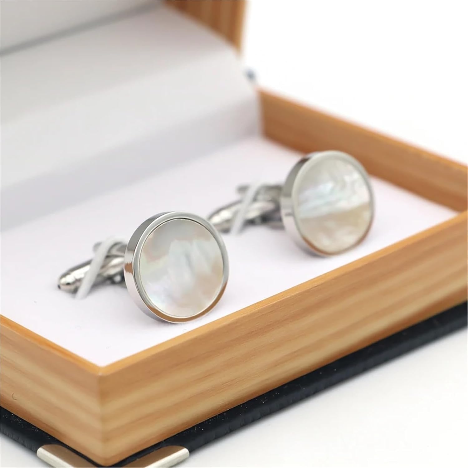Boutons de manchette pour hommes, Boutons de manchette en nacre argent sterling, boutons ronds laiton
