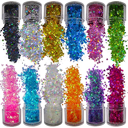 12 Colors Butterfly Star Chunky Glitter Flakes Holographic Heart Hexagon Shapes Crafts Body Glitter Sparkles Nail Sequins Stickers Accessories For Nail Arts, Resin Epoxy, Paints, Makeup #TOP2