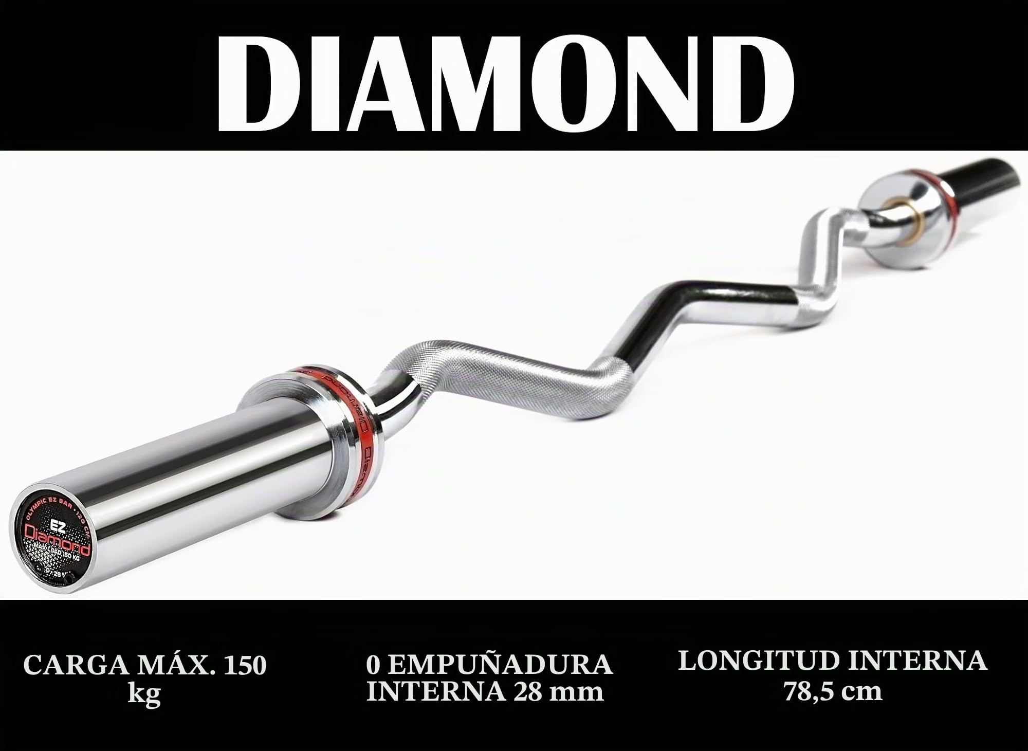 Diamond Barra olímpica EZ Curl 【Ø50 mm para discos olímpicos】 Longitud 120 cm | Peso 9 kg | Mango moleteado Ø28 mm | Manguitos cargables 18 cm | Carga máxima 150 kg | Curl y tríceps