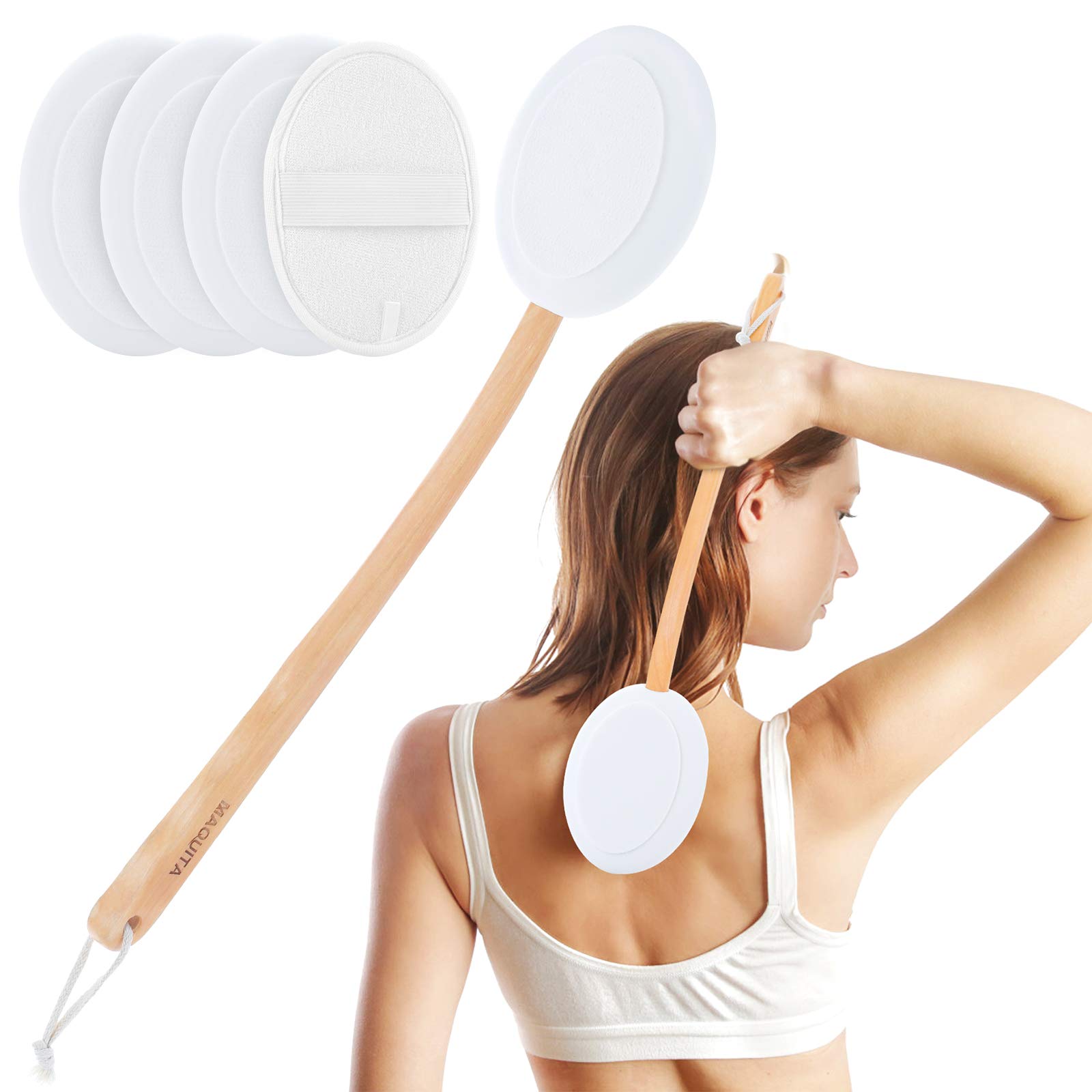 MAQUITALotion Applicator for Back, Long Reach Handle with Pad for Easy Self Application of Shower Bath Body Wash Brush,Skin Cream Suntan Tanning Aloe Acne for Women Men（4 Pads）