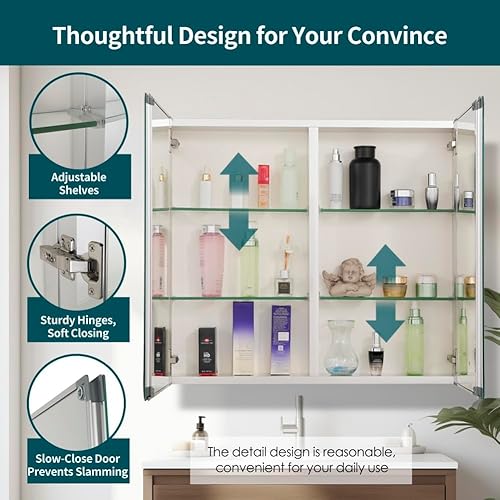 Miniatura 5 de Movo Botiquín de doble puerta con espejo, 30 x 26 pulgadas, botiquín de aluminio para baño, estantes de vidrio ajustables, impermeable y resistente