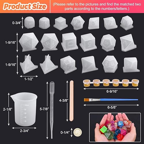 Miniatura 4 de Shynek - Juego de moldes para dados de resina (19 estilos) con moldes de dados de silicona, palitos para mezclar, vaso de medición, cuentagotas,