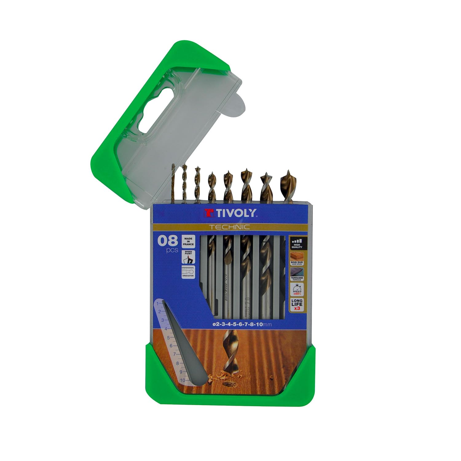 TIVOLY - Set HSS Hochleistungsbohrer für Holz - Zum Bohren in Holz - 8 abgestufte Bohrer aus Bronze Ø 2-3-4-5-6-7-8-10 mm