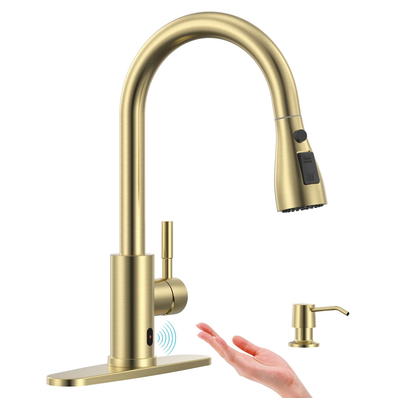APPASO brushed gold touchless kitchen faucet with soap dispenser and pull-down sprayer