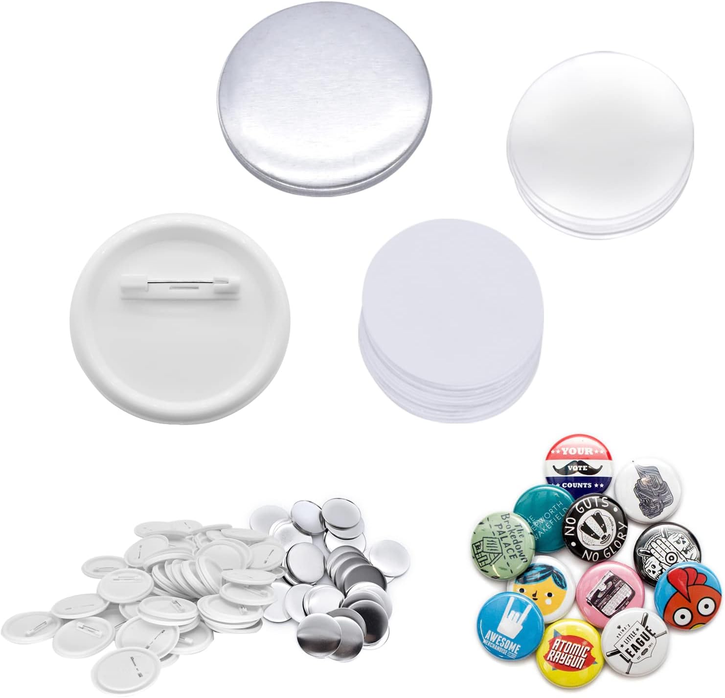MSFE200 Sets of Buttons for Buttonmaker Machine (25/32/58 mm), Button Blanks for Badgematic Button Machine, Includes Metal Cover, Plastic Button Back, Transparent Film and Empty Paper