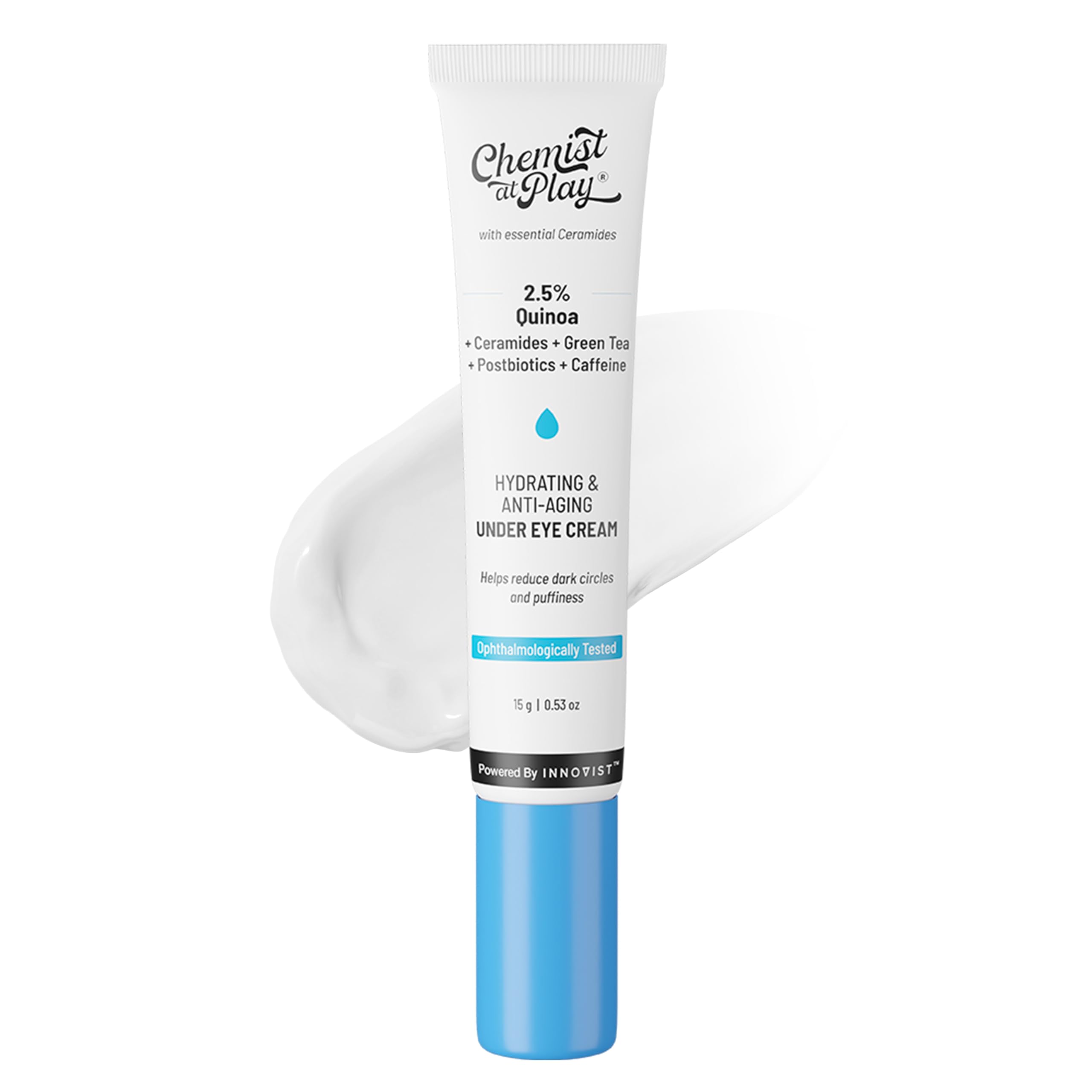 Chemist At Play Under Eye Cream with 2% Revital Eye & Quinoa Extract | For Reducing Dark Circles, Puffiness, Wrinkles, Crows Feet | Lightweight, Hydrating | Plant-Based Ceramides | 100% Vegan | Cooling Gel & Roller for Men & Women | 15 g