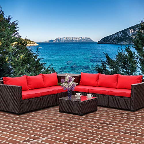 Valita Patio Pe Wicker Furniture Set 6 Pieces Outdoor Brown Rattan Sectional Conversation Sofa Chair With Storage Table And Red Cushions #TOP15