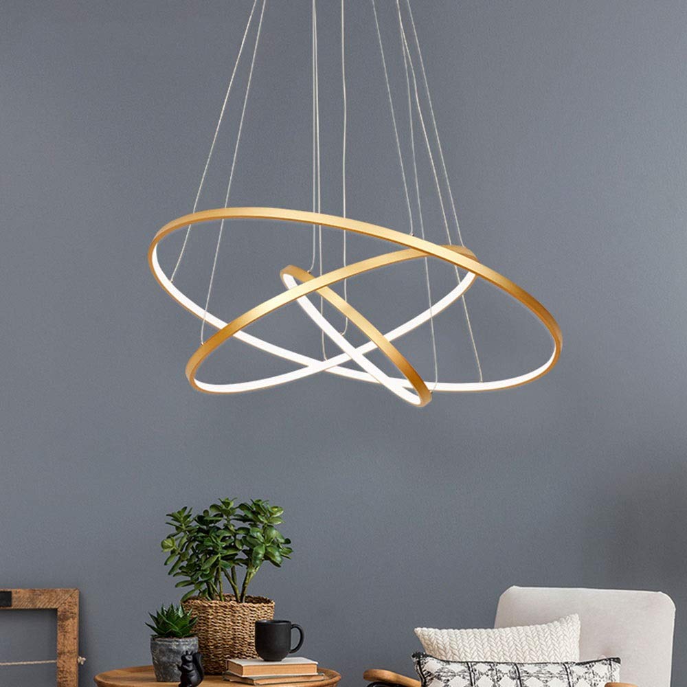 Regulowany żyrandol LED 76 W z pilotem nowoczesny 3-pierścieniowy metalowy i akrylowy wiszący światło do jadalni kuchni salonu hotelu i kawiarni 20/40/60 cm rozmiary