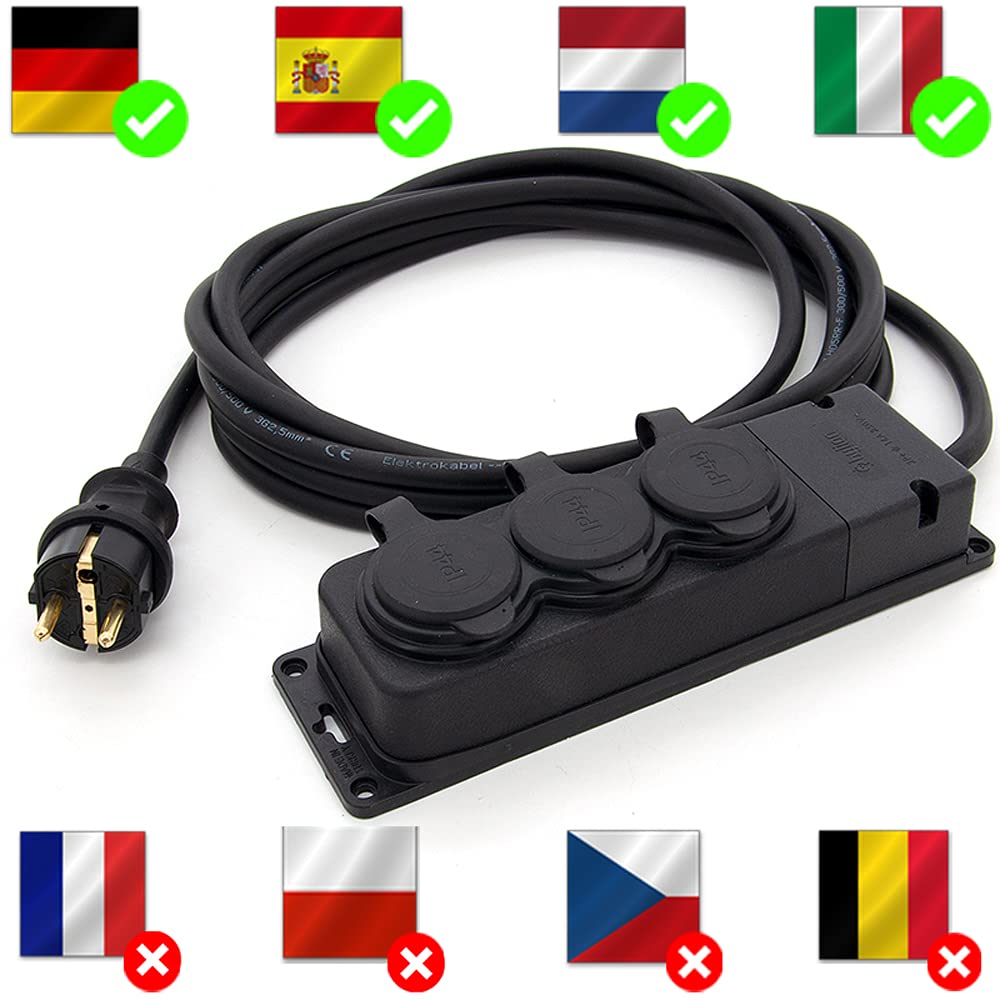 25 m Gummi-Verlängerungskabel mit 3 Schutzkontakt-Steckdosen für Garten Außenbereich IP44 16A 230V H05RR-F 3 * 1,5 (25 m, 3-Fach Steckdosenleiste)