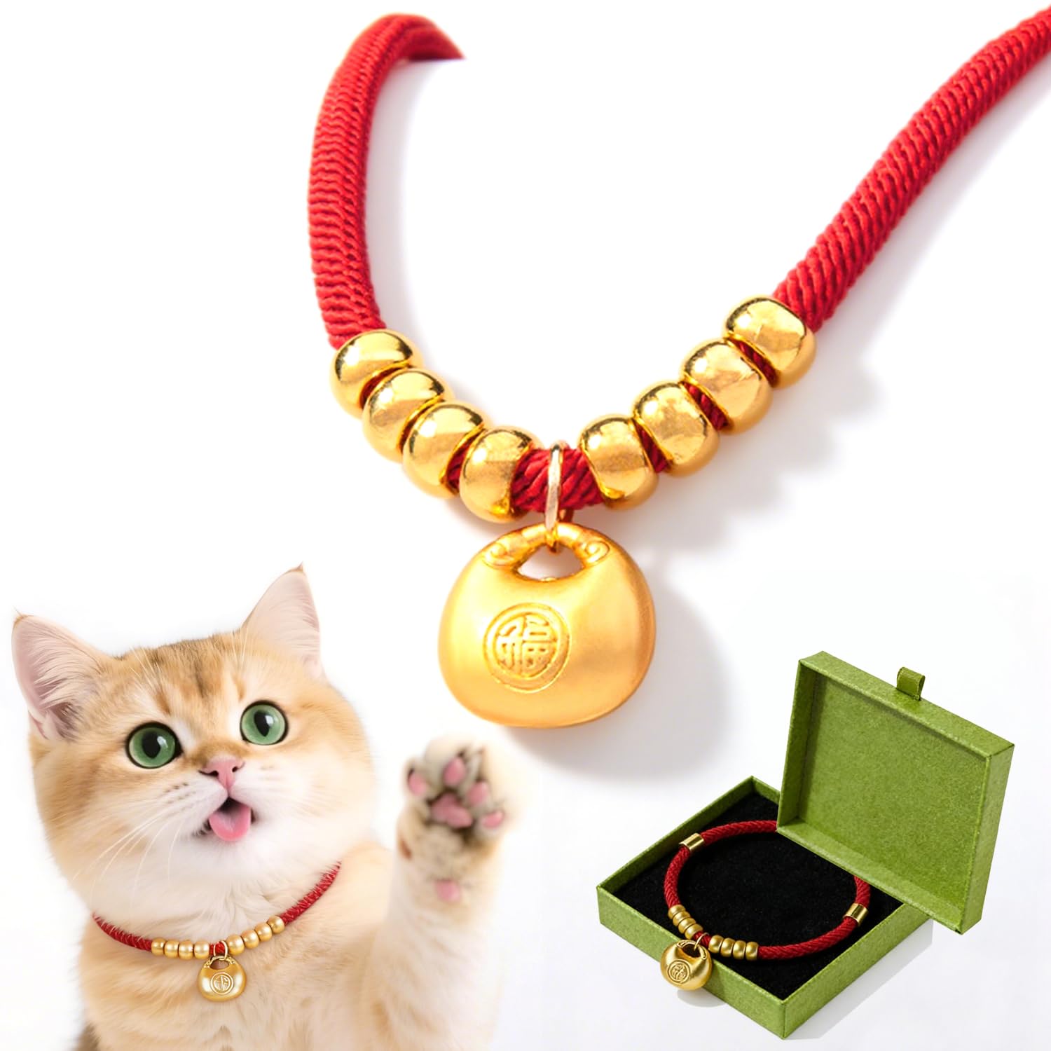 Yume Heya 猫神さま風 福字首輪 赤紐 御守り 縁起物 魔除け 和柄 猫…