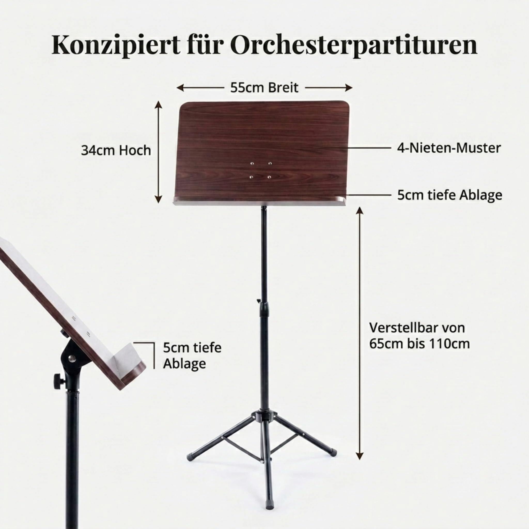 Classic Cantabile Orchesterpult Rosenholz - Robustes Stativ mit großer Notenablage - Edle Optik in Rosenholz laminiert - Höhenverstellbar von 65 bis 110 cm - Prismenverbindung