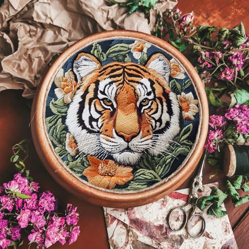Image of FONNUY Tiger Floral Embroidery Kit, Cross Stitch Kits for Beginners, Handmade Crafts with Printed Patterns for Beginner Adults, Easy to Follow Color Thread Needlework, 8'' Hoop