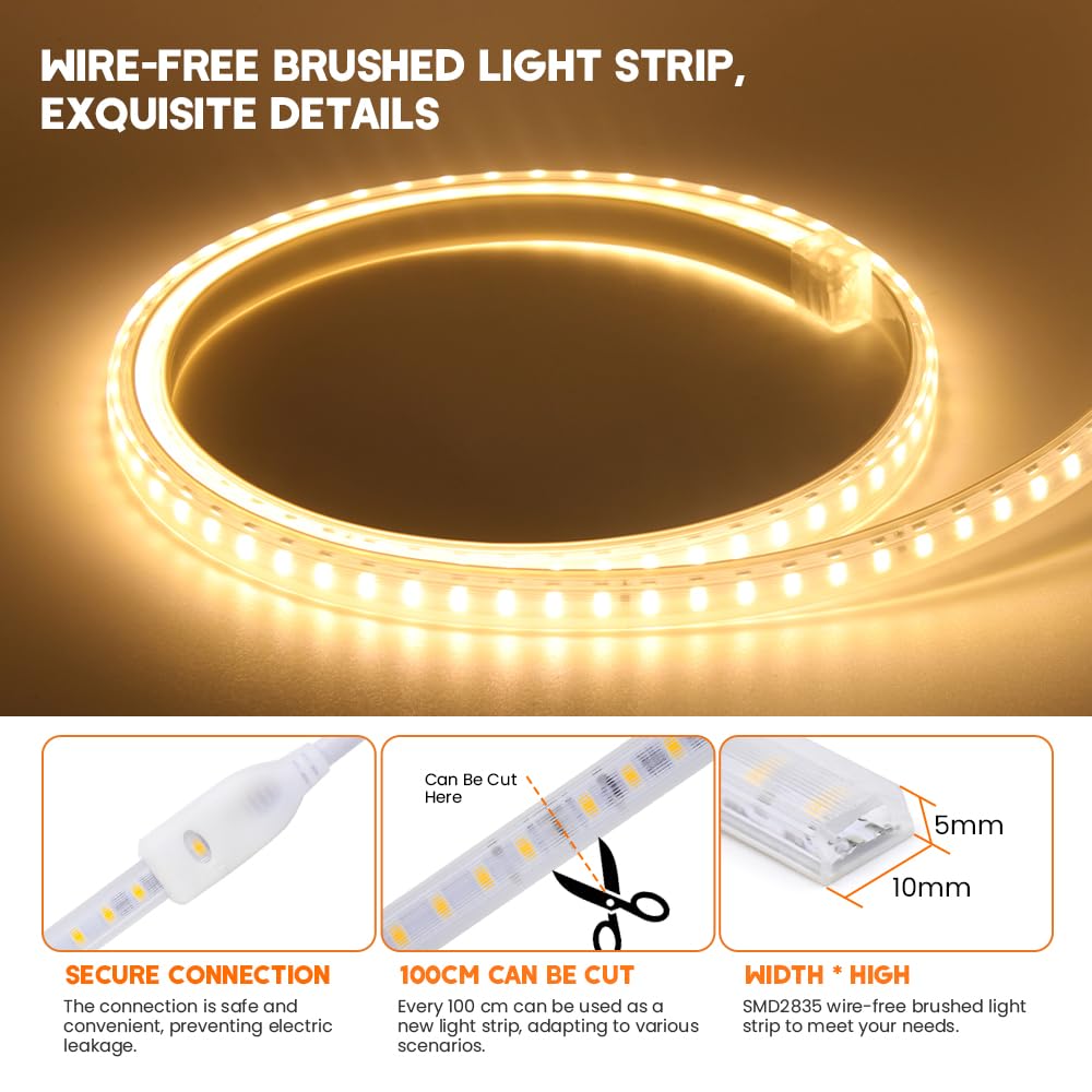 KISUFU Striscia LED, LED Flessibile 220V Striscia LED ad alta luminosità con cavo di alimentazione, impermeabile IP65 Nastri LED per Esterni, Feste, Decorazione per Feste, (Bianco naturale, 25M)