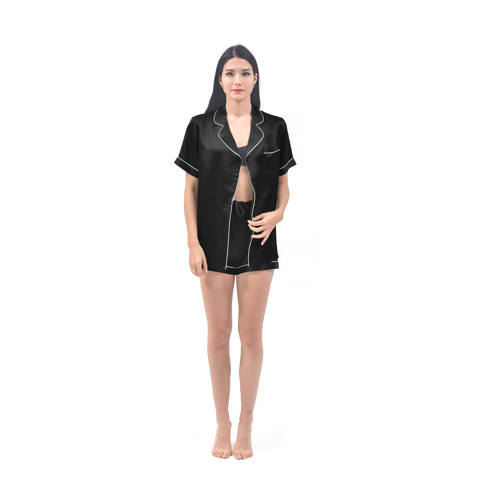 THXSILK Seide Schlafanzug Damen aus 19 Momme Maulbeerseide Nachtwäsche Kurz mit Ärmel Kurze Hosen Zweiteiliges Pyjama Sets Knopf runter