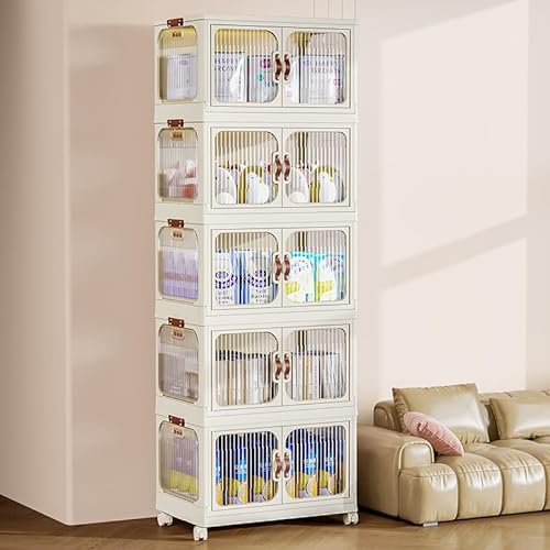 MOMENT 5 Layer Storage Cabinet with Doors, Stackable Plastic Storage Bins with Lid and Wheels, Durable and Spacious Multi-Purpose Cabinet for Home, Office, or Kitchen (White, 53x32x144cm)