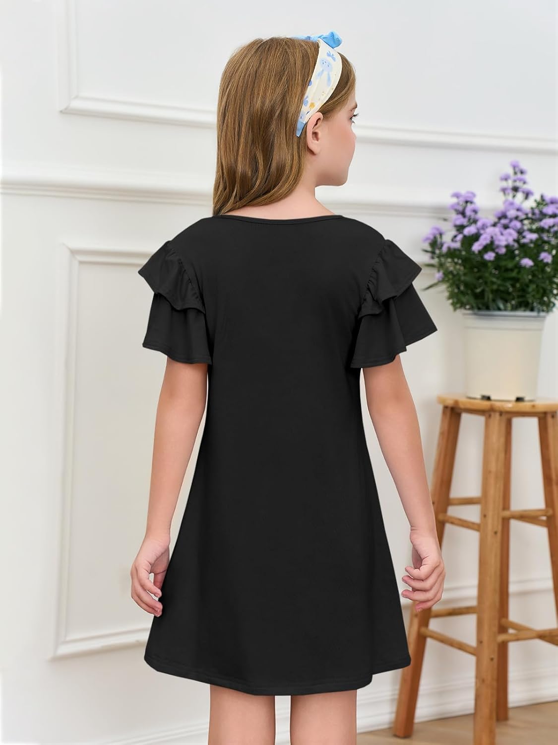 Haloumoning Girls Ruffle Sleeve Dresses Kids Summer Crewneck A Line Casual Dress 5-14 Years - Image 5