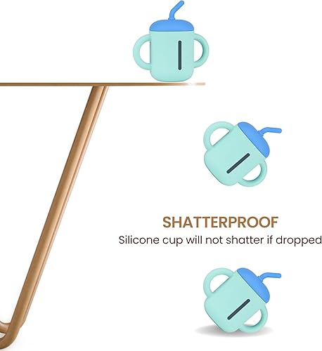 Miniatura 5 de Vaso entrenador para bebé, paquete de 2 vasos de entrenamiento de silicona de grado alimenticio con popote anticaída y manos antideslizantes, sin