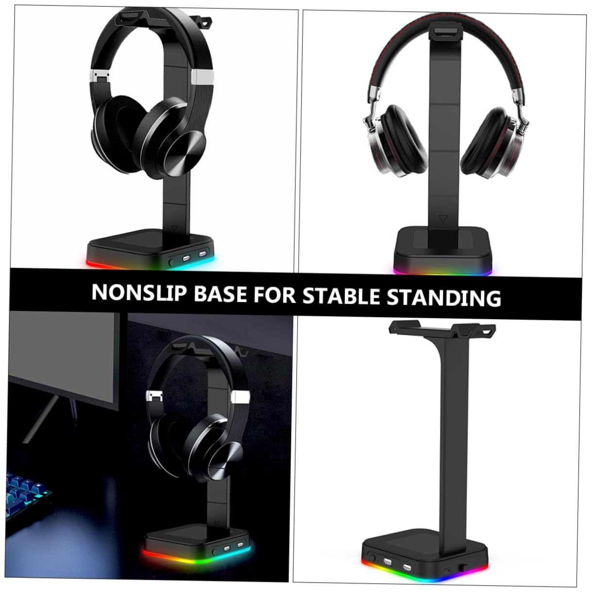 2 Piezas Soporte para Auriculares Gaming con Iluminación RGB y Base de Carga USB Tipo- Estable y Antideslizante con Doble Puerto USB para Datos Escritorio Compatible con Pc y