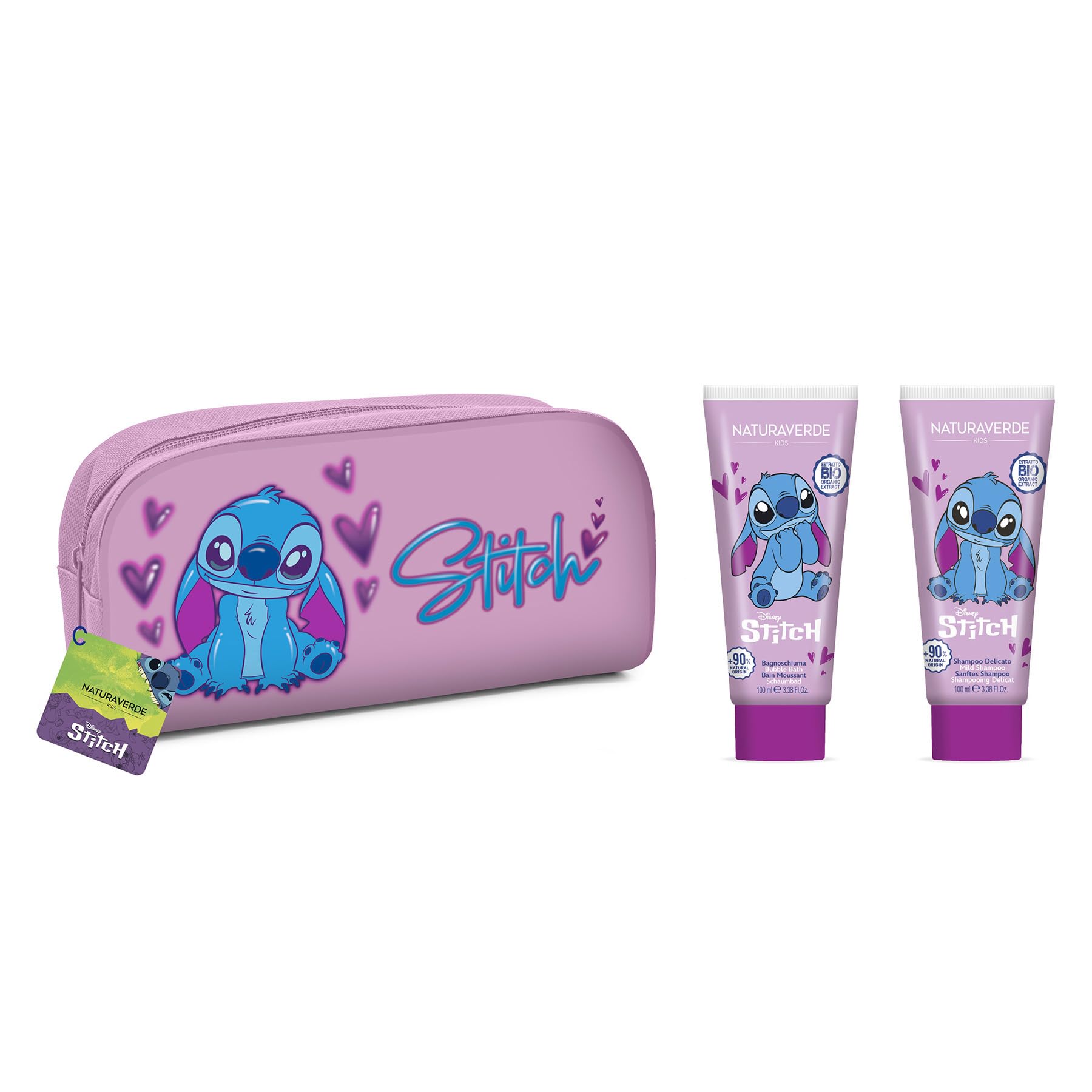 Naturaverde| Kids- Disney Stitch - Caja Regalo, Champú 100 ml, Gel de Baño 100 ml + Neceser Stitch
