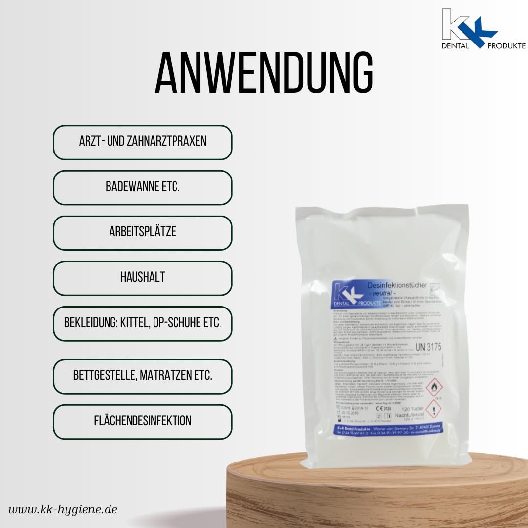 KK Desinfektionstücher Nachfüll-Set, 12 Nachfüllbeutel mit 120 gebrauchsfertigen Tüchern, Duftsorte: Lemon, Flächendesinfektionsmittel für Praxen, Haushalt und Arbeitsplatz