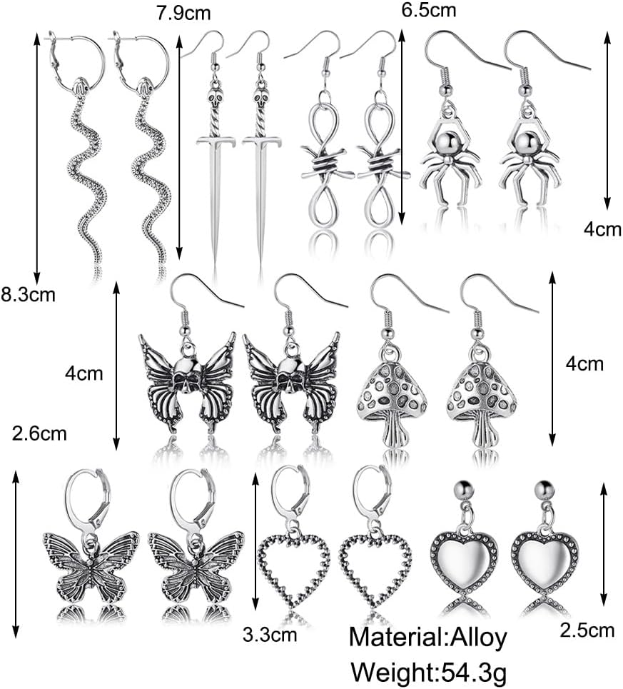 9 Pairs Halloween Earring Set for Women Punk Style Sword Spider Skull Moth Mushroom Dangle Drop Earrings Vintage Snake Butterfly Heart Hoop Earrings Grunge Y2k Emo Earring Halloween Party Jewelry - Image 2