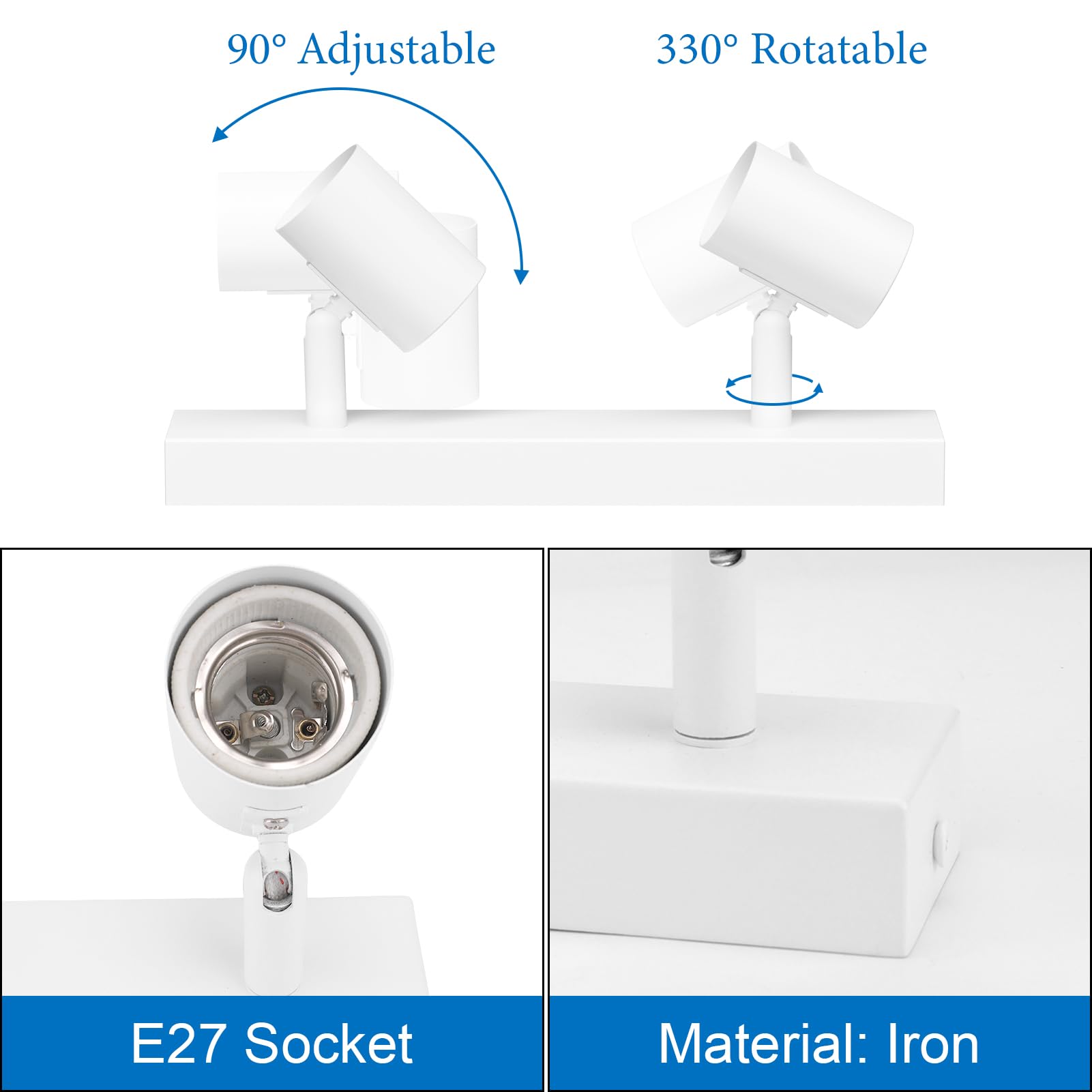 Klighten Faretti da Soffitto Orientabili Bianco con 2 Attacco E27, Vintage Industriale Plafoniera 2 Luci Interno, lampada Soffitto per Cucina, Soggiorno, Camera da Letto, 26cm, Lampadina non Inclusa