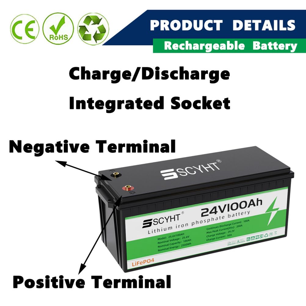 Batterie Lithium 24 V 100 Ah 150 Ah Batterie LiFePO4 24 V Batteries à décharge Profonde pour Camping-Cars, solaires et Hors réseau pour Moteurs 500 W à 3840 W,24v150ah 240mm