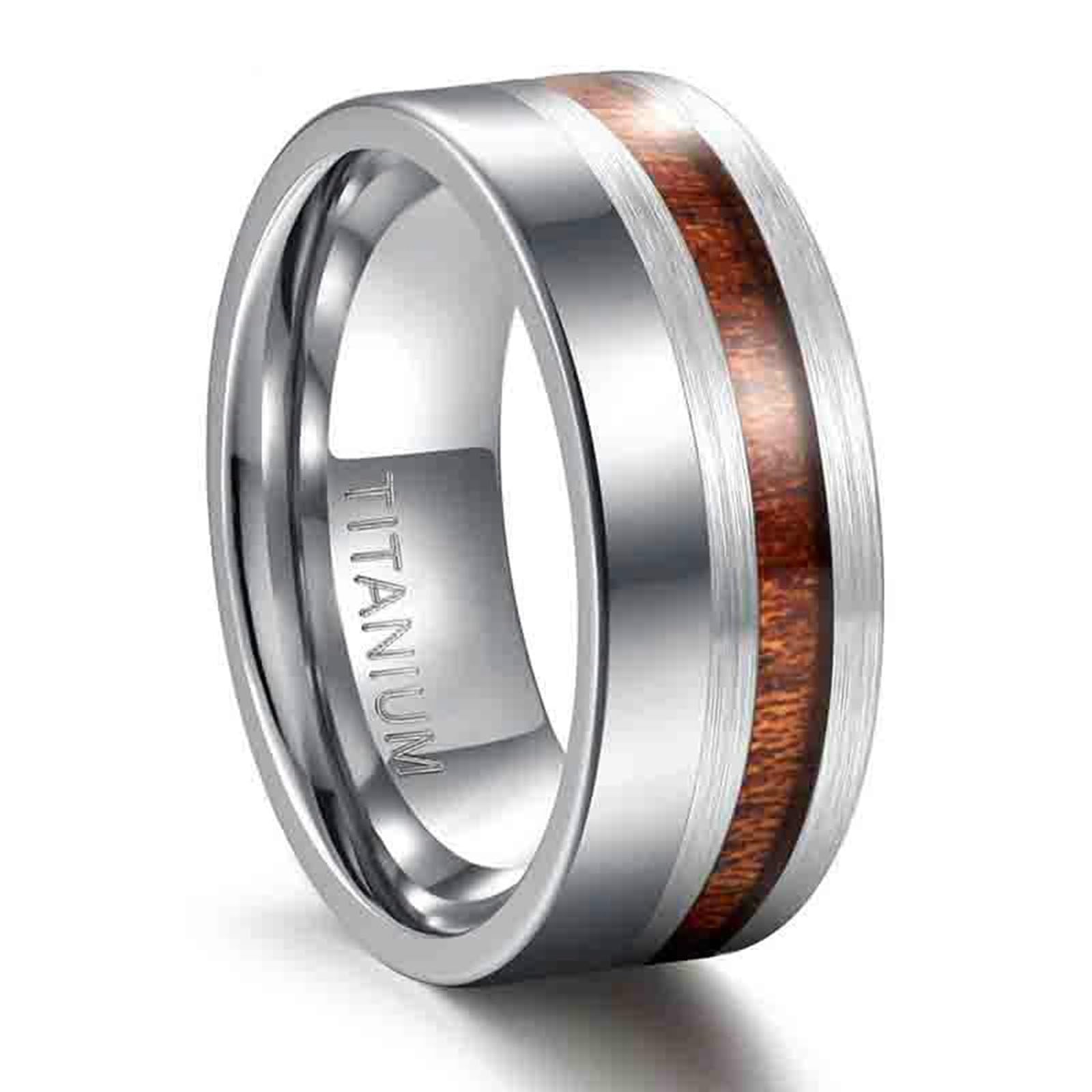 Anello in titanio, unisex, 8 mm, lucidato a specchio, con fascia in legno, anello di fidanzamento, per lei