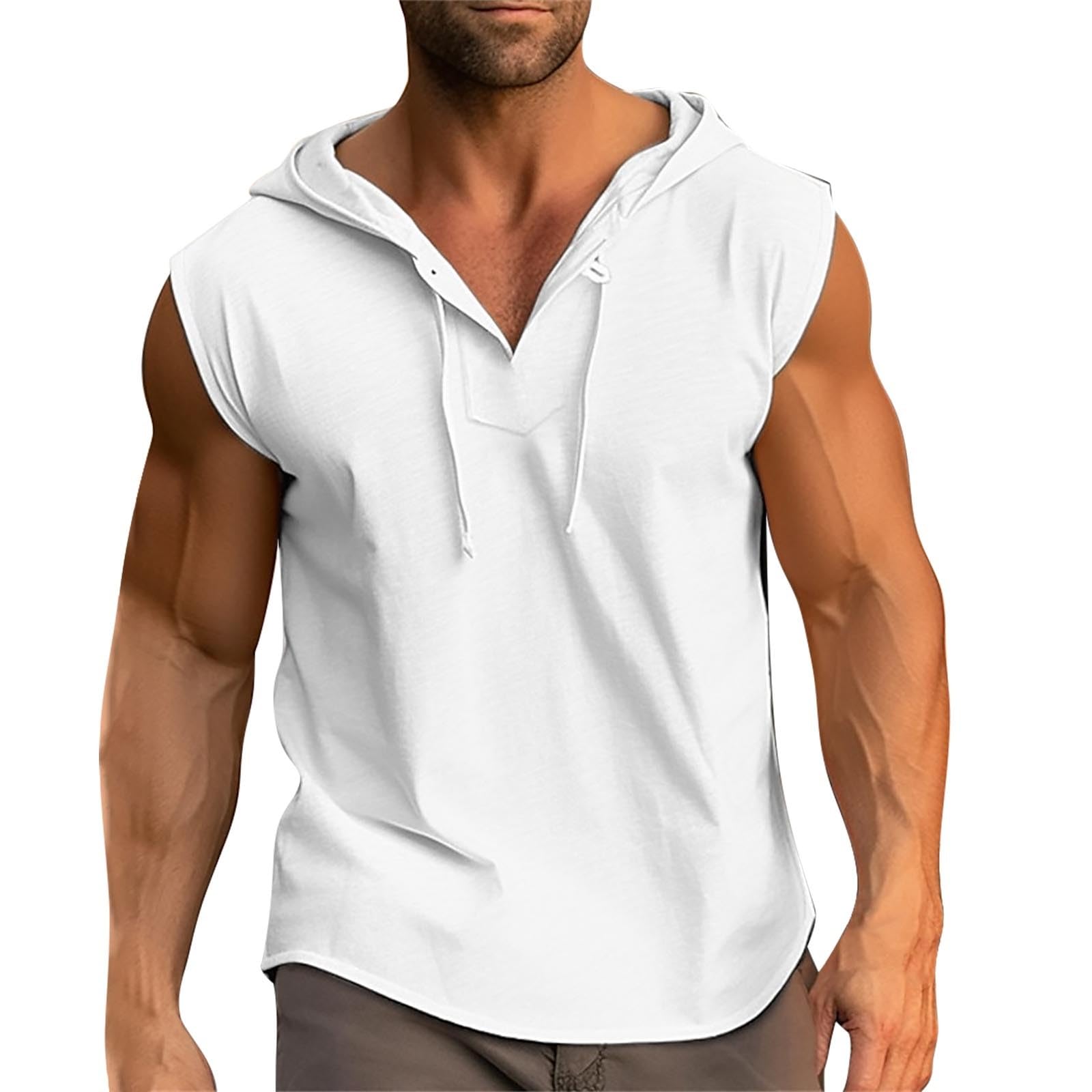 Debardeur Sport Homme à Capuche, Tee Shirt sans Manche Homme Grande Taille avec Cordon de Serrage Débardeurs été Couleur Unie Ample Décontracté Tendance Basiques de D'entraînement la Course à Pied