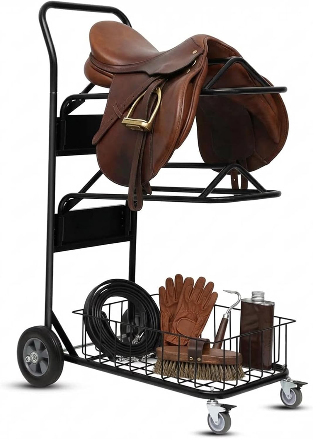 Rolling Saddle Rack Cart with Basket,3 Tier Saddle Rack Carts,Heavy Duty Saddle Stand for Western Horse Gear,Organizers and Storage for Tack Room,Bridle,Horse Lovers,Cowboy