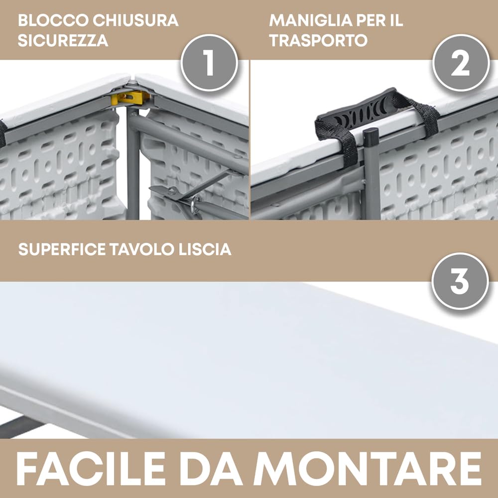IlGruppone Tavolo Pieghevole Bianco Richiudibile Tavolino Pic Nic Esterno Salvaspazio Camping Terrazzo CamperStruttura In Acciaio Per Feste Giardino Campeggio Vacanze Lunghezza 180 Cm