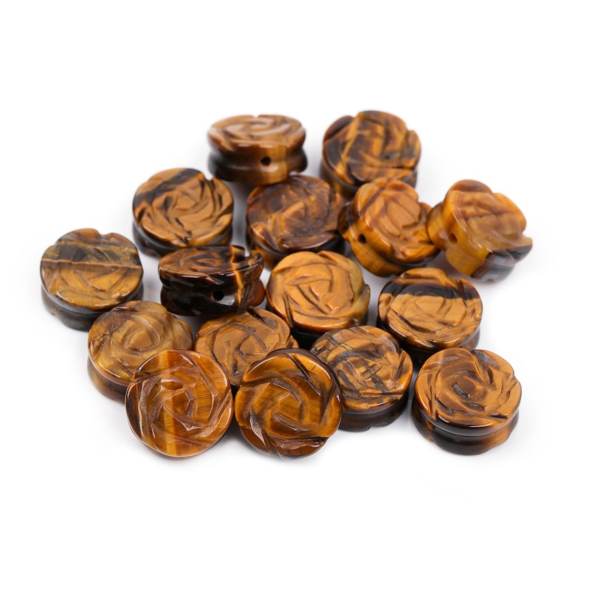 GEM-INSIDE12Pcs Hand Double Side Carved 14mm Plant Rose Flower Natural Yellow Tiger Eye Jasper Stone Gemstone Semi Precious Beads for Jewelry Making - Image 2