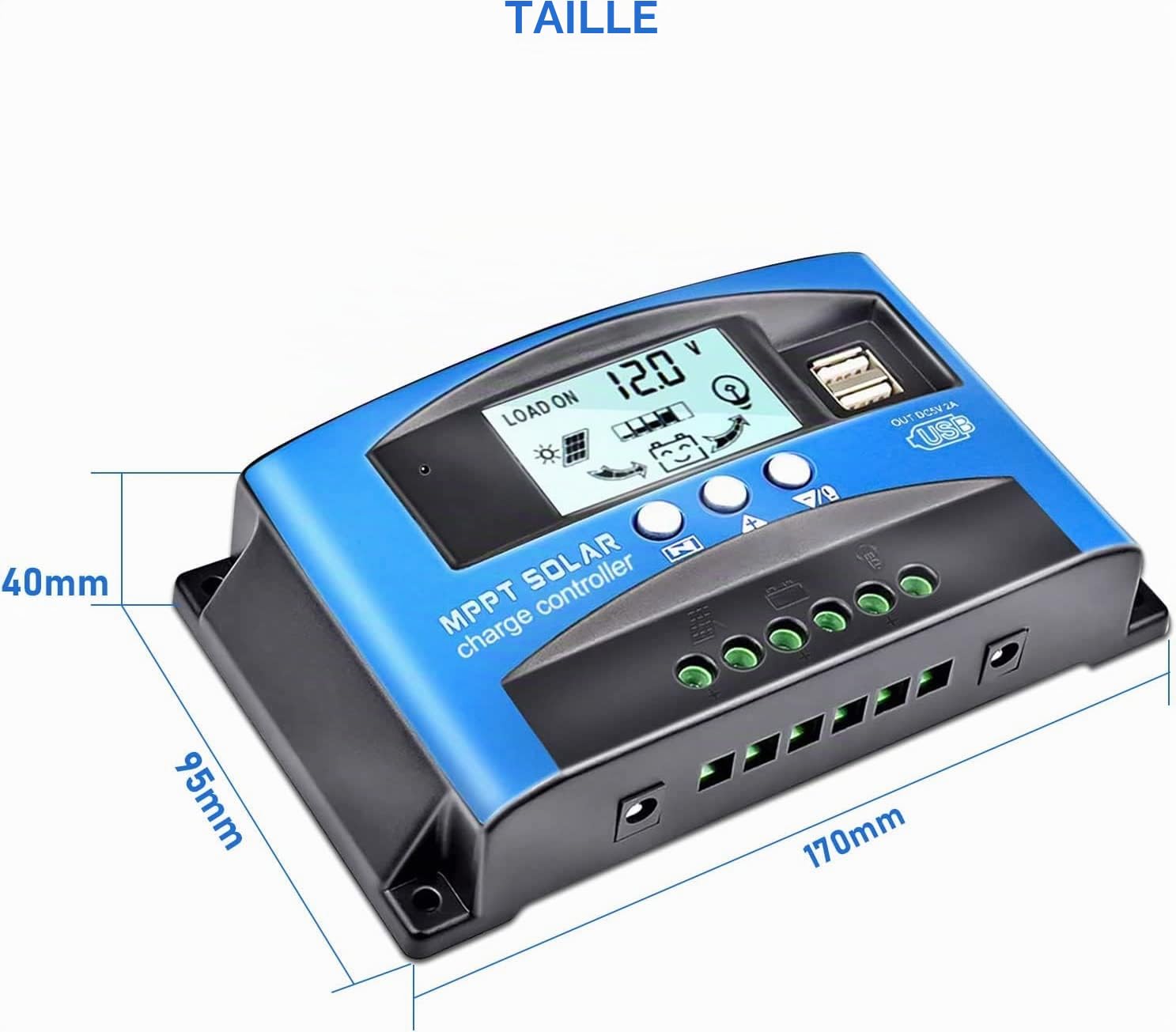 100A Contrôleur de Charge Solaire 12V 24V Auto, Régulateur Panneau Solaire 100A avec 5V Double Port USB et écran LCD pour Batteries Plomb et