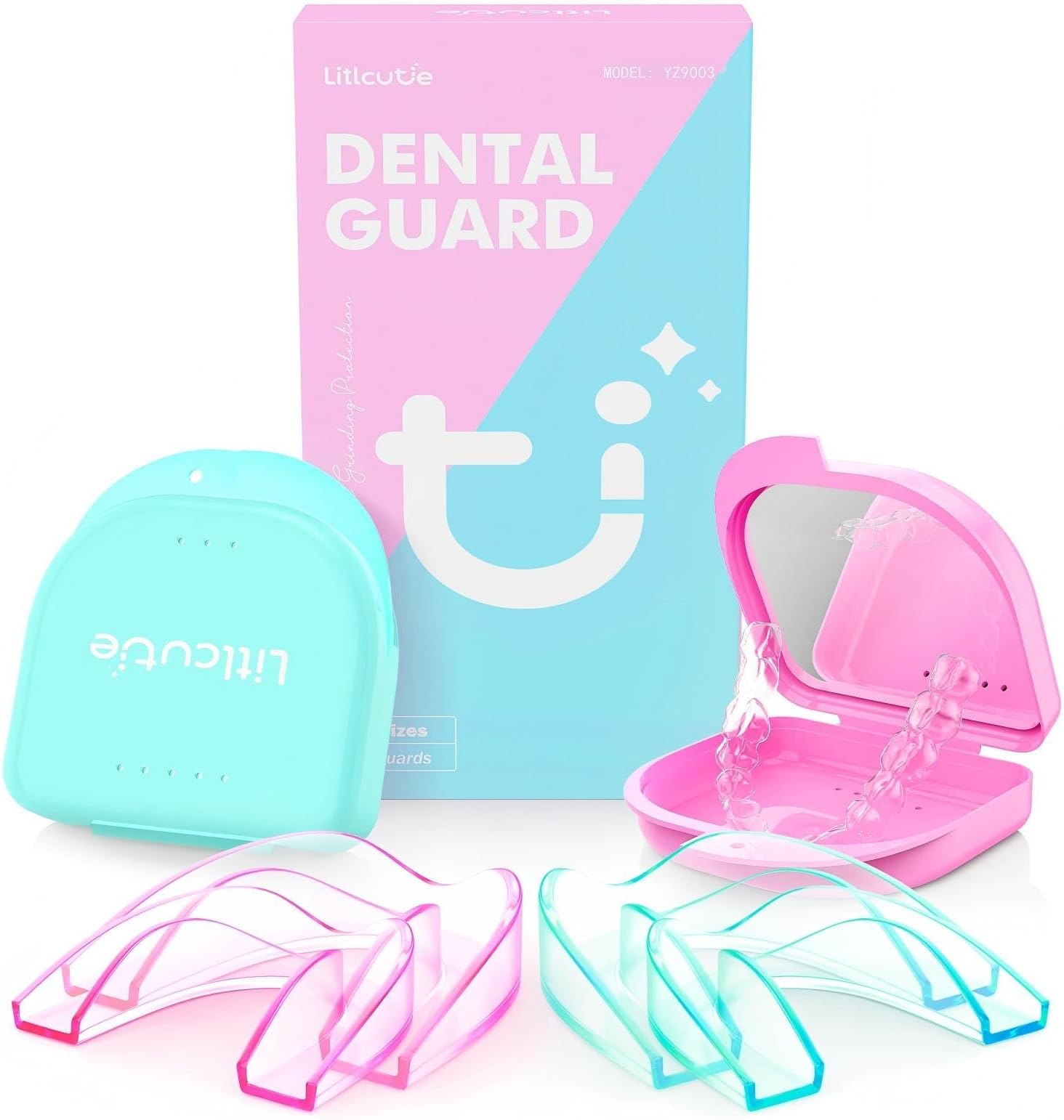 Anti Grinding Guard, 2 Color Night Guards for Teeth Grinding | Mouth Guard for Grinding Teeth at Night, 4 Pcs/2 Sizes, Mint Green+Pink
