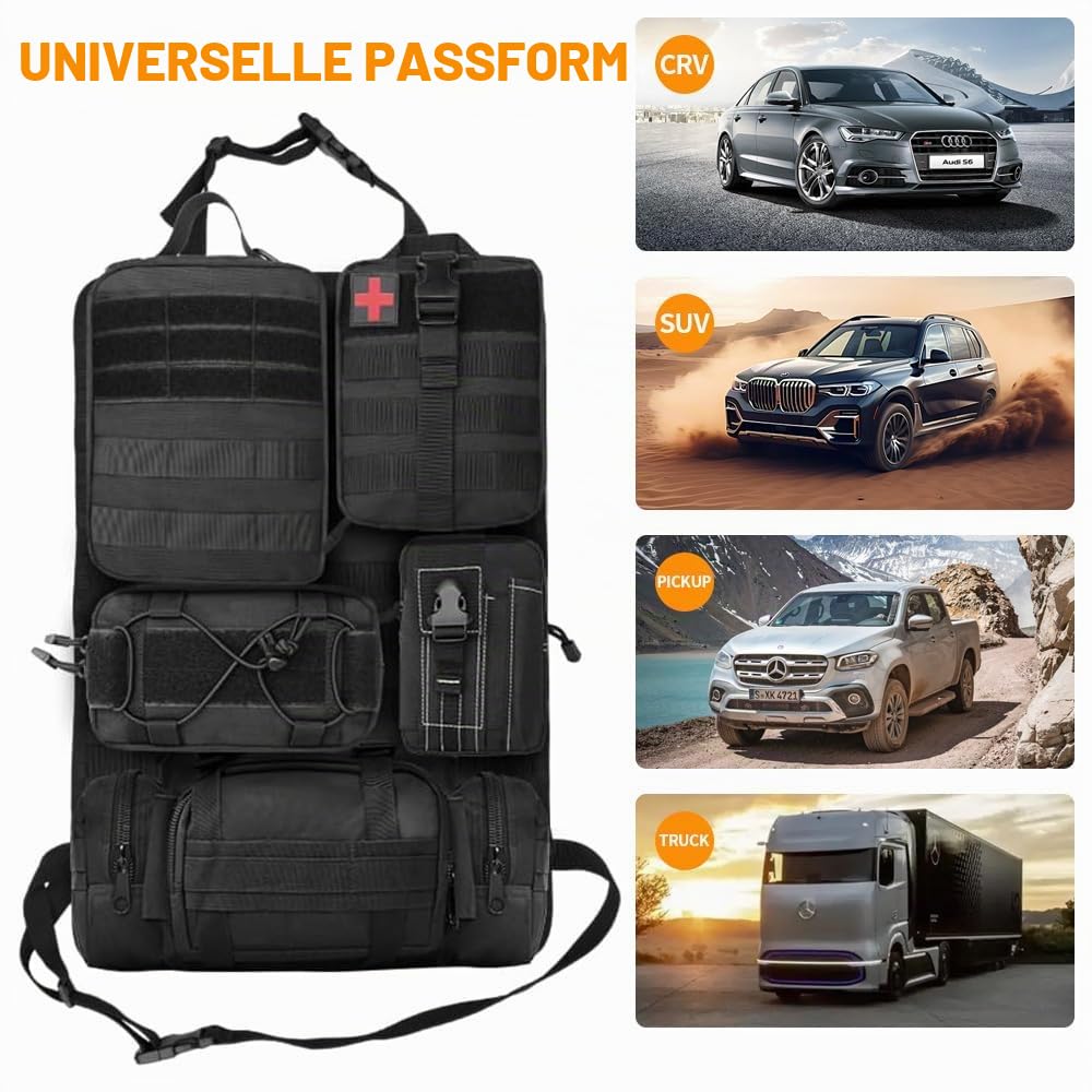 Taktischer Rückenlehnen-Organizer für Autositz – Upgrade des Fahrzeug-Panel-Organizers mit 5 abnehmbaren Molle-Taschen, universell passend für die meisten Fahrzeuge