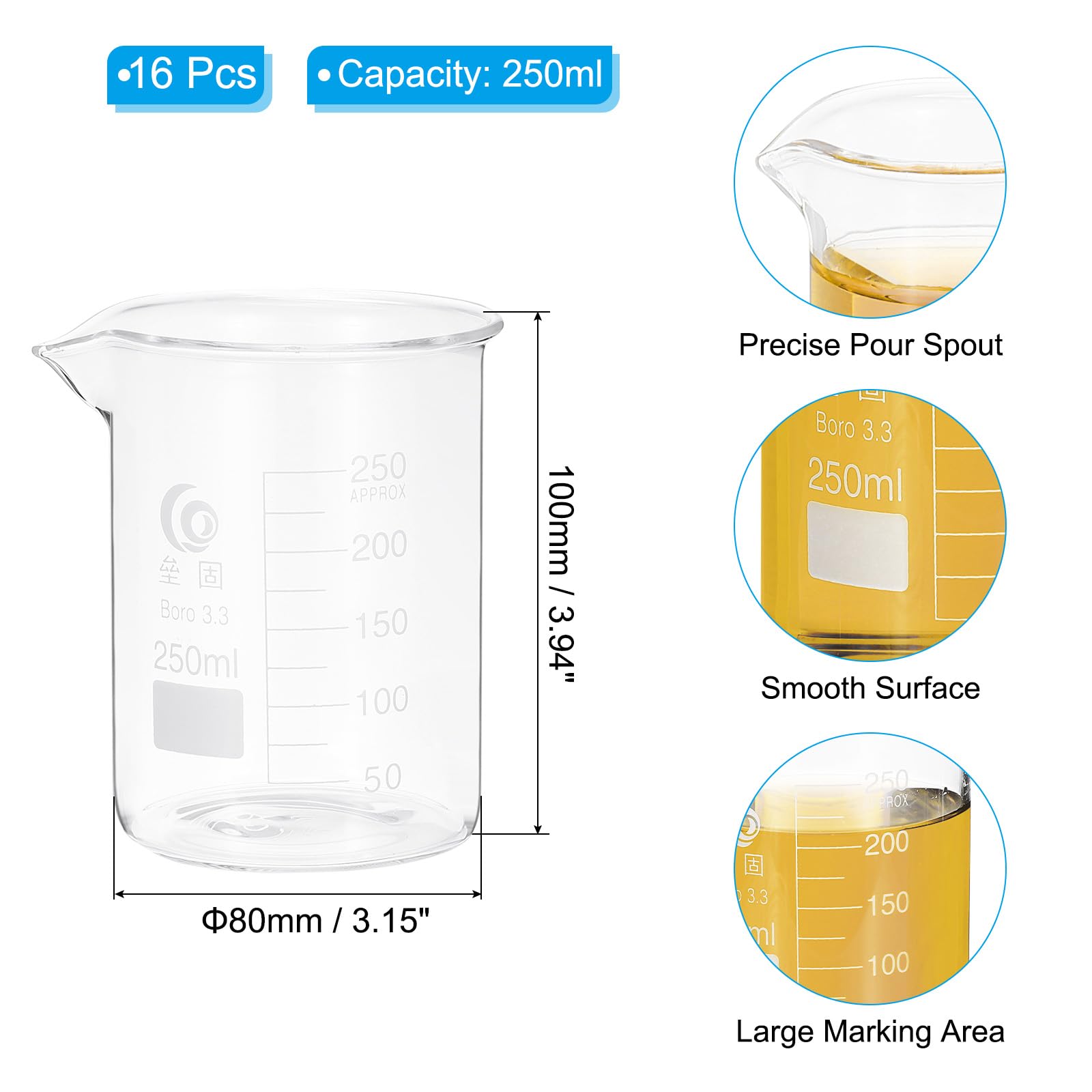 PATIKIL 250ml Low Form Measuring Cup, 16 Pcs 3.3 Borosilicate Glass Beaker Graduated Measuring Pitcher with Spout for Lab Experiment, Cooking and Baking, Clear