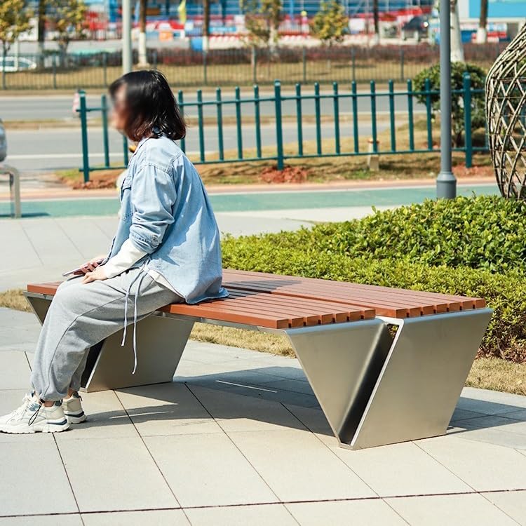 Outdoor Bench, Stainless Steel Park Chair Plastic Wood Leisure Backrest Seat Sun Protection Long Garden Benches for Outdoors