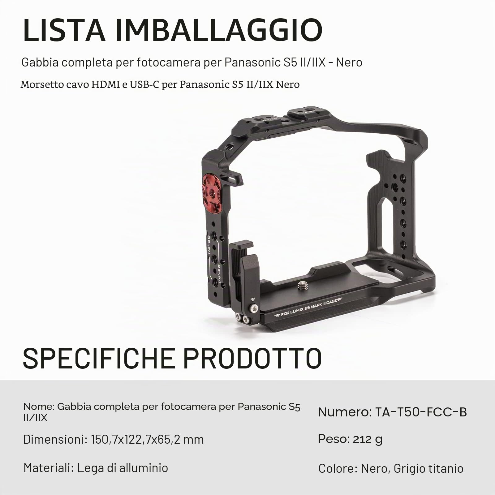 Tilta Gabbia completa per fotocamera Lumix S5 II/S5 IIX/G9 II con morsetto per cavo HDMI USB-C - Nero TA-T50-FCC-B