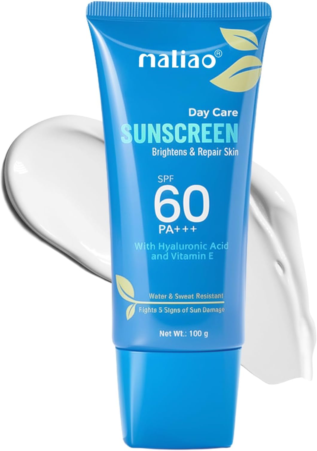 Maliao Day Care Sunscreen SPF 60 PA+++ | Broad Spectrum UVA/UVB Protection | Fights 5 Signs Of Sun Damage | Enriched With Hyaluronic Acid & Green Tea | Water & Sweat Resistant | Lightweight, Non-Greasy Matte Finish | Dermatologically Tested | 100g