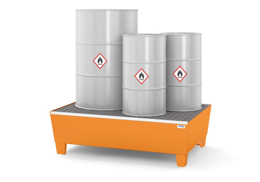 Bac de rétention DENIOS 2 fûts 200 L – acier peint époxy + caillebotis galvanisé amovible – pieds – 1236×815×350 mm – stockage liquides inflammables & polluants