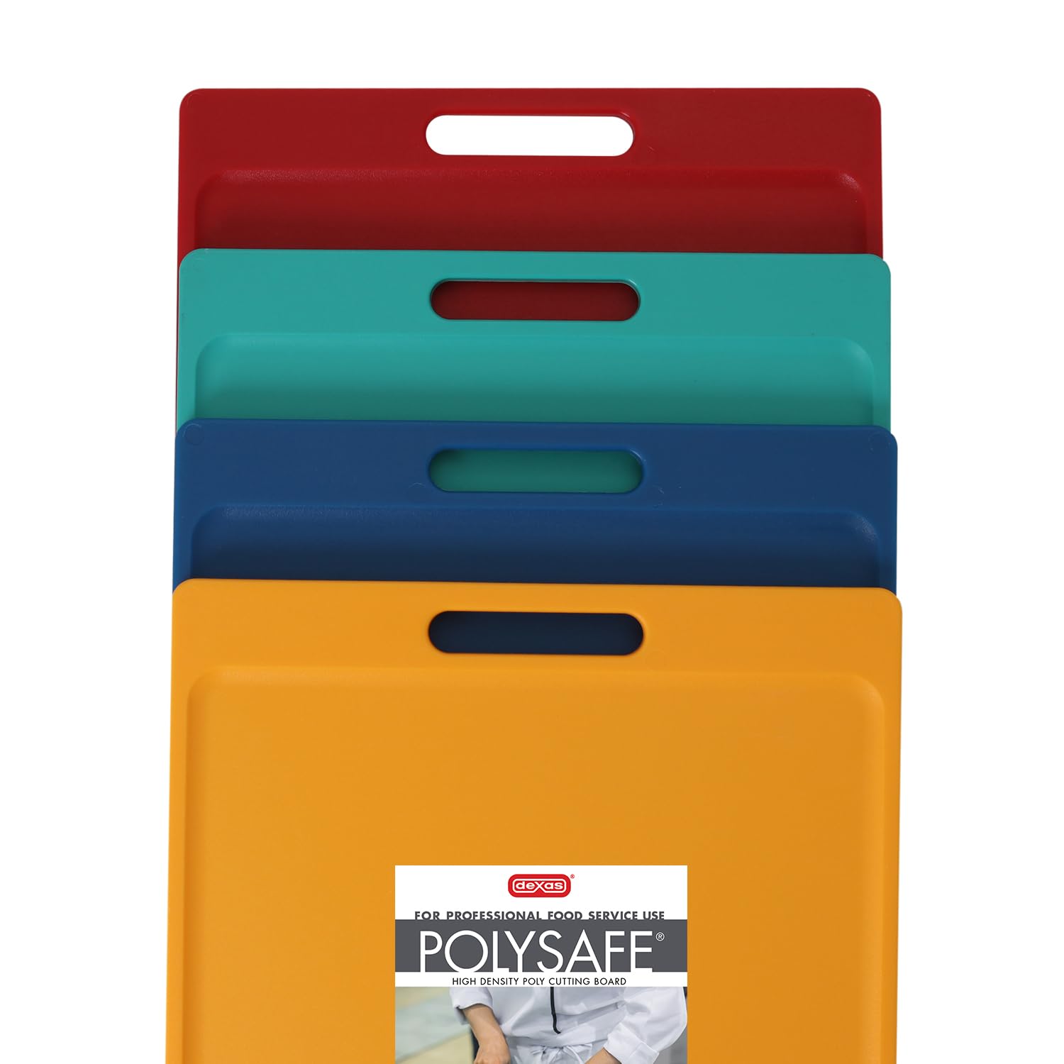 Dexas Paquete de 4 tablas de cortar Polysafe certificadas NSF con asa, 11 x 14.5 pulgadas, tabla de cortar de cocina reversible, colores surtidos