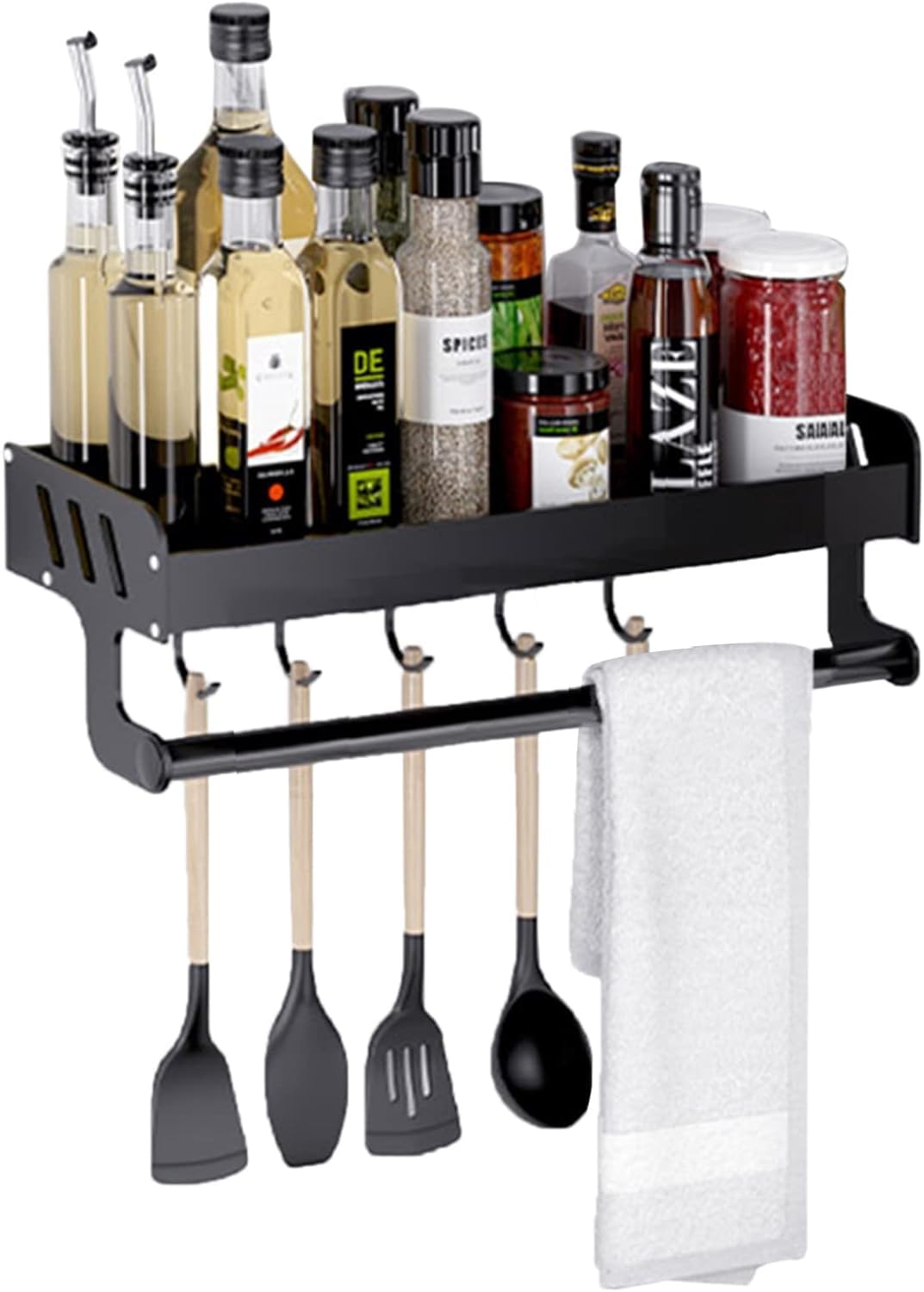 JIALTOAluminum Wall Mounted Adhesive Kitchen Rack, Punch Free Folding Shelf Organizer, Hanging Wall Mounted Spice Rack with 4 Removable Hooks, Bathroom Shelf for Wall with Towel Holder Rod, (Black)