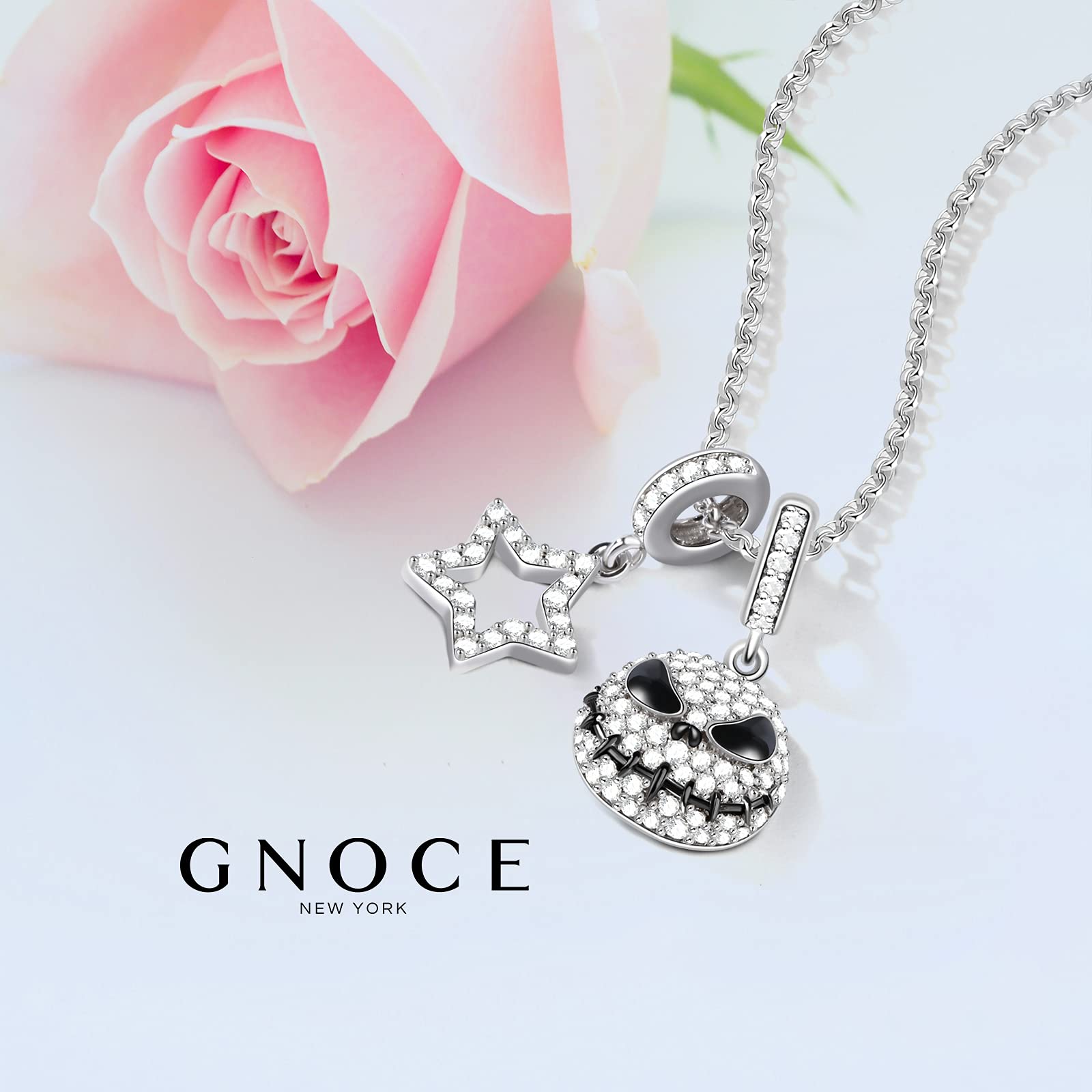 GNOCE "Jack Schädel Charm Anhänger 925 Sterling Silber Bead Charms mit Zirkonia Charm Schmuck für alle Armbänder Halsketten Geschenke Bijouterie für Halloween Damen Mädchen Baby