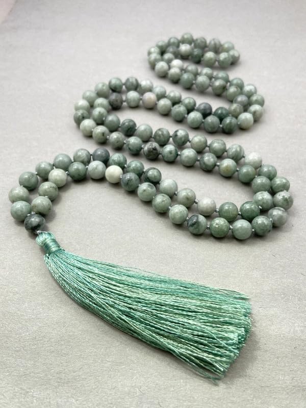 Natürliche AAA Grüne Burma Jade Mala, Gebetskette 10mm, Tibetische Mala, Geknotete Mala, Prehnit Halskette, Perlen Mala, 108 Perlen Prehnit Mala, Yoga, Mantra Mala