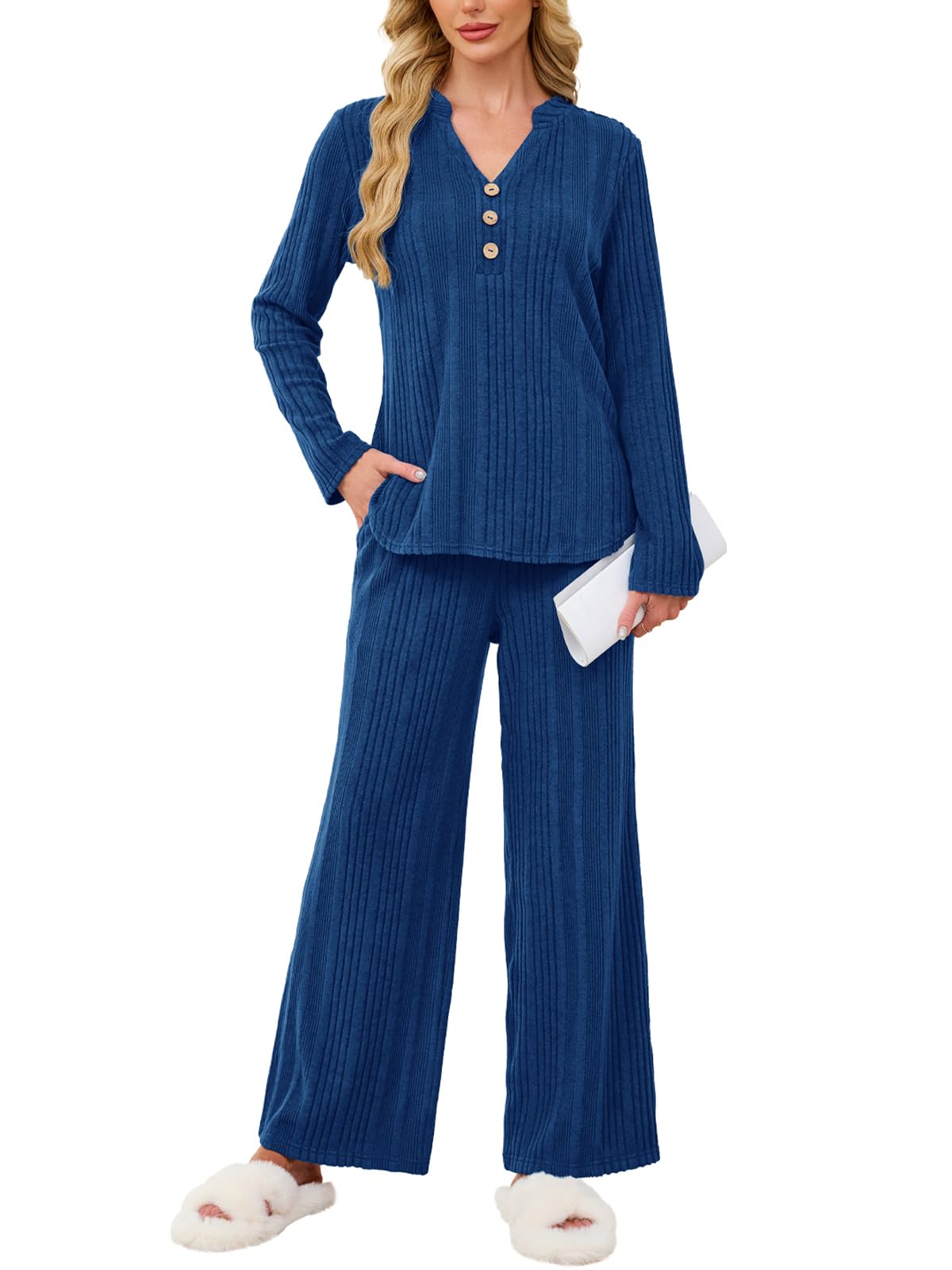 VUTRU Women's 2 Piece Lounge Sets Long Sleeve Pajama Set V-Neck Shirt Wide Leg Pants Ribbed Loungewear Matching Outfits