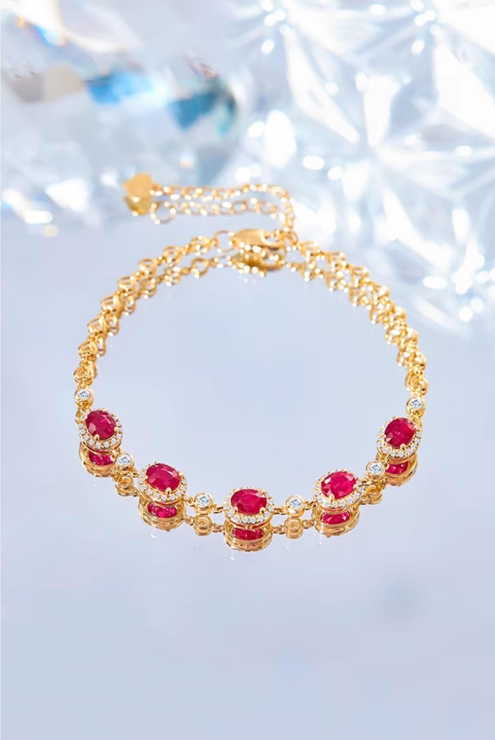 Pulsera Mujer Oro Amarillo 9 K / 14 K / 18 K, Oval con Rubí y Diamante, Cadena Extensible 16 CM + 5 CM, Pulseras Cadena Oro Mujer Ajustable
